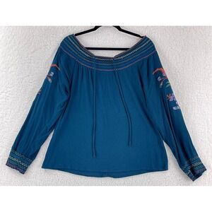 Umgee Top Womens Medium Blue Floral‎ Embroidered Off Shoulder Long Sleeve Boho